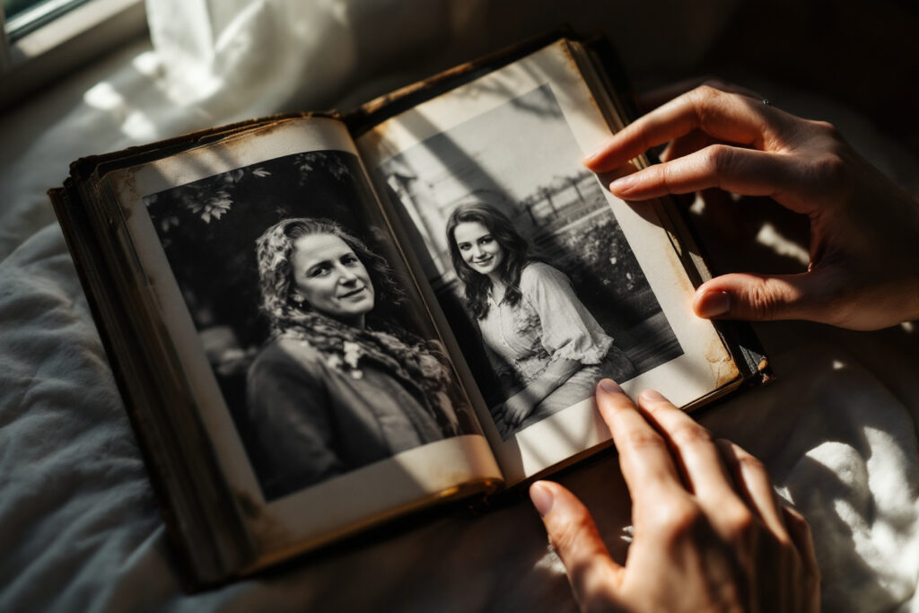 realistična slika ruke koja nježno dodiruje staru fotografiju roditelja u albumu evocirajući molitvu za roditelje