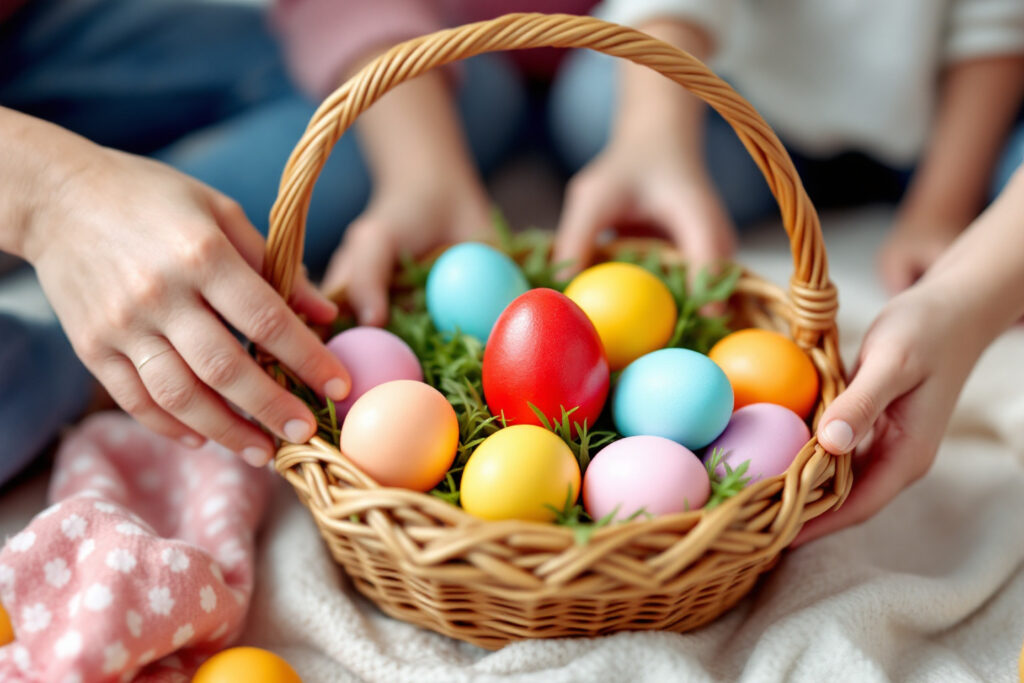 košara puna šarenih jaja s rukama koje sežu prema njima simbolizirajući tradiciju i način kako čestitati vaskrs