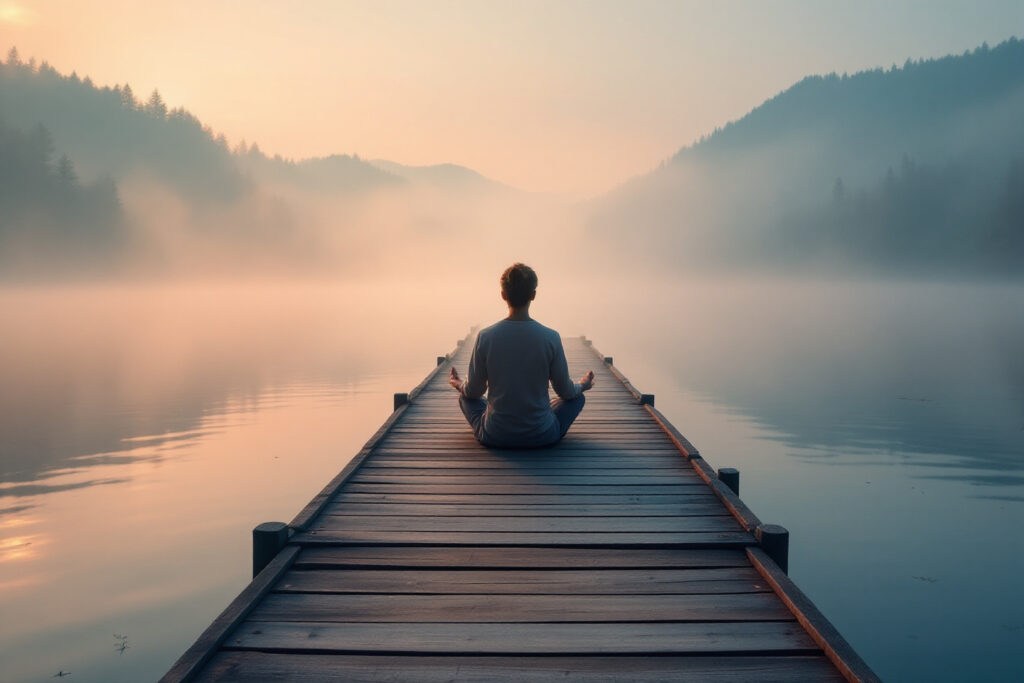 osoba koja meditira u prirodi uz jezero u zoru slika koja simbolizira kako iscijeliti duh i tijelo