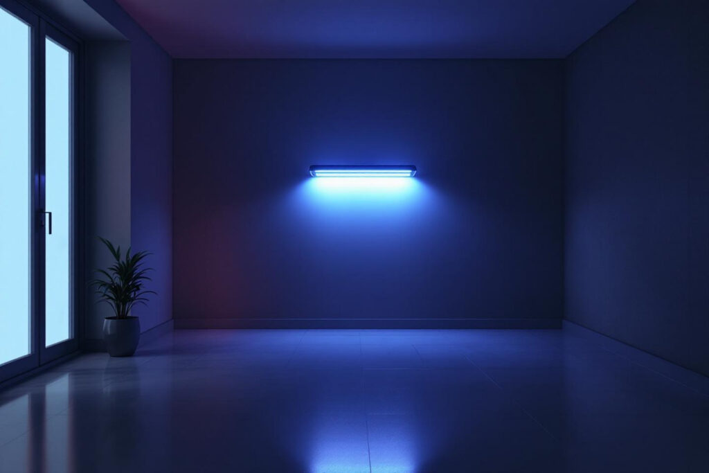 prijenosna uv lampa koja emitira plavu svjetlost u praznoj sobi što prikazuje napredan način kako dezinficirati prostoriju prijenosna uv lampa koja emitira plavu svjetlost u praznoj sobi što prikazuje napredan način kako dezinficirati prostoriju
