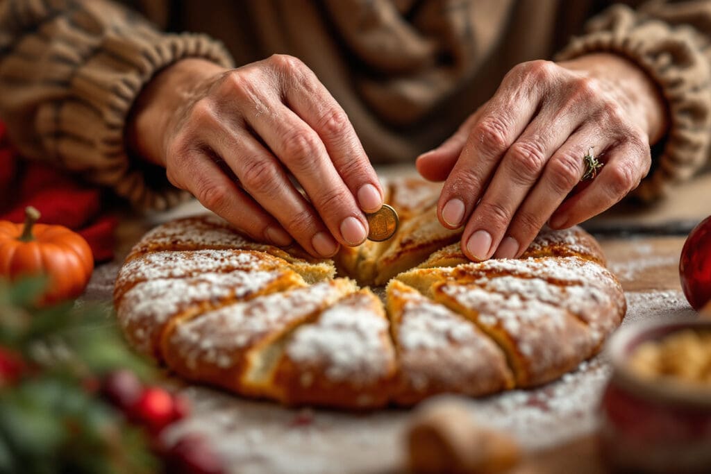 ruke koje lome tradicionalnu česnicu s novčićem običaj koji ilustrira kako čestitati pravoslavni božić