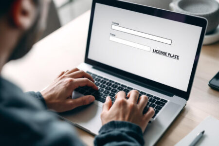 ruke koje unose registarsku oznaku u digitalni obrazac na računalu ilustrirajući provjera vlasnika vozila po registraciji