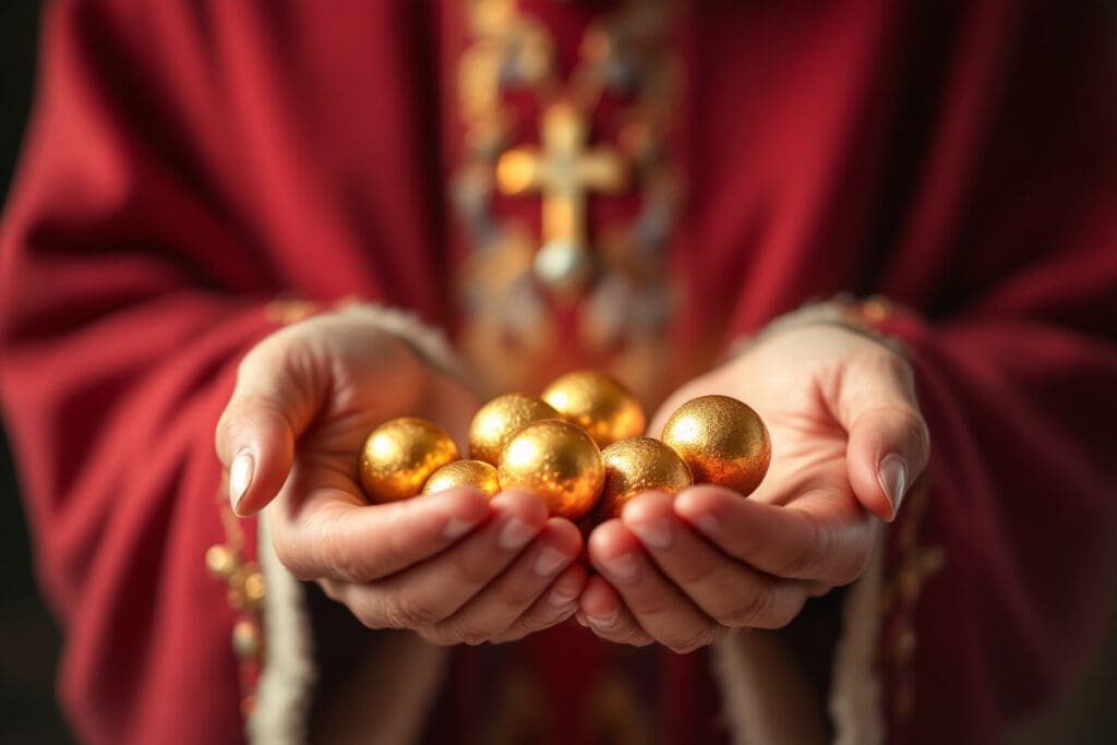 sveti nikola kao biskup koji u rukama drži tri zlatne kugle tradicionalni prikaz koji odgovara na pitanje kako izgleda sveti nikola